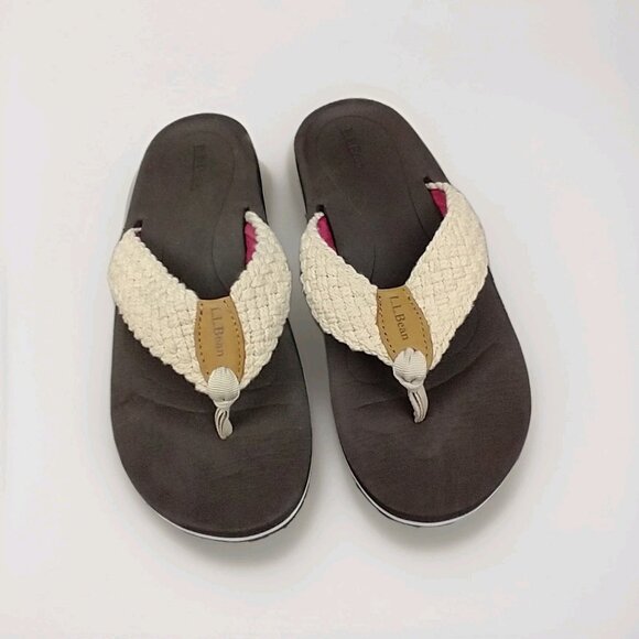 LL Bean Women 10 Ivory Foam Thong Pool Beach Outdoor Flip Flops Woven - Picture 1 of 8